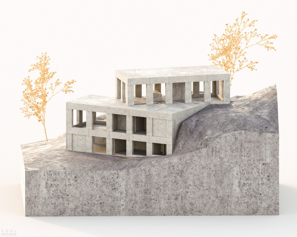 Скульптурная бетонная вилла в суровом рельефе Скульптурная бетонная вилла в суровом рельефе